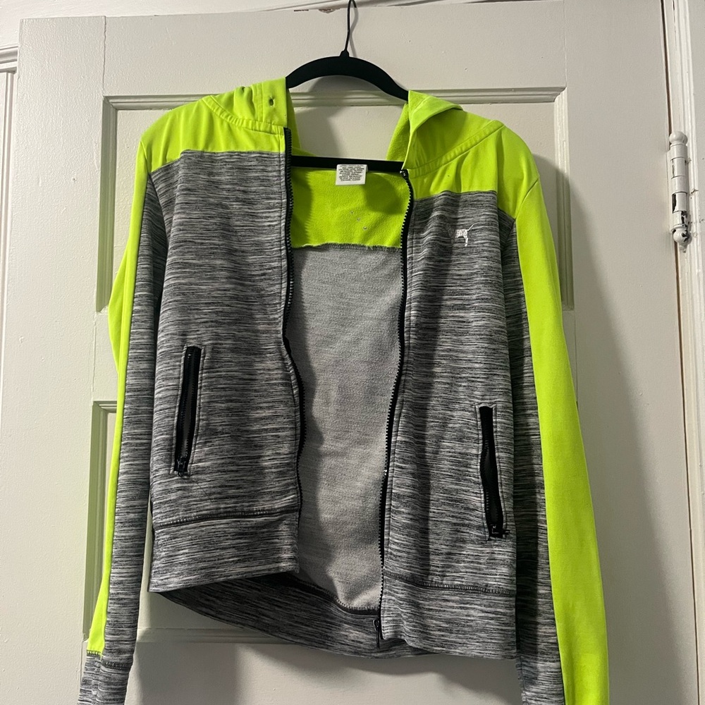 PINK Victoria's Secret Gray and Neon Yellow Bomber Jacket